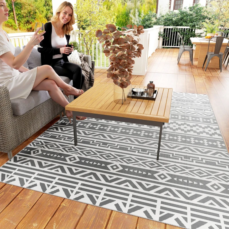 Outsunny Covor Reversibil de Exterior Impermeabil, din Paie de Plastic, 182x274 cm, Gri Închis și Alb