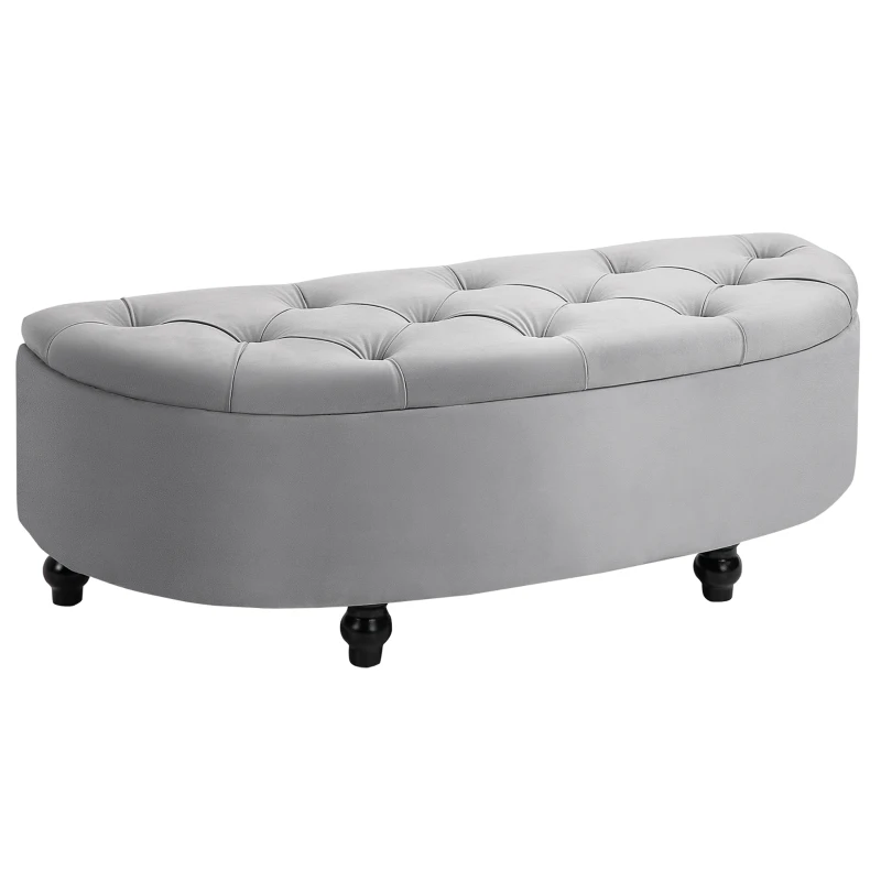 HOMCOM Panca Contenitore Fondoletto Imbottita a Semicerchio, Velluto e Legno, 120x46x42 cm, Grigio Chiaro