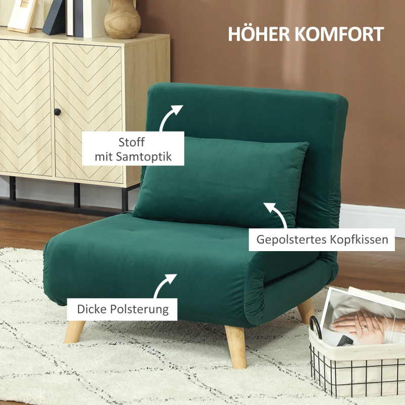 HOMCOM Klappsessel mit Bettfunktion, Klappbarer Relaxsessel in Samtoptik, Verstellbare Lehne, bis 120 kg belastbar, Dunkelgrün(m-4)