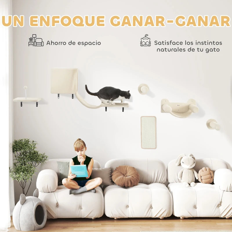 PawHut Juego de Escalada para Gatos de Pared de 6 Piezas con Condominio Plataforma Hamaca Escaleras y Tabla de Rascar Beige