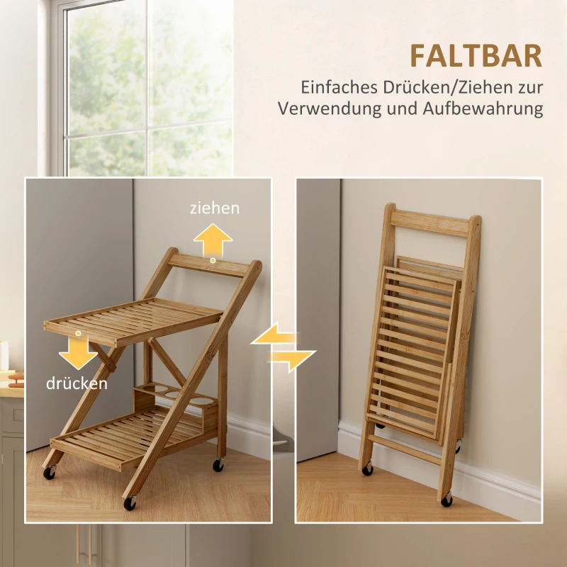 HOMCOM Küchenwagen auf Rädern, Servierwagen mit 3 Weinregalen, 2 Tabletts, für Küche, Esszimmer, Bambusholz, Hellbraun