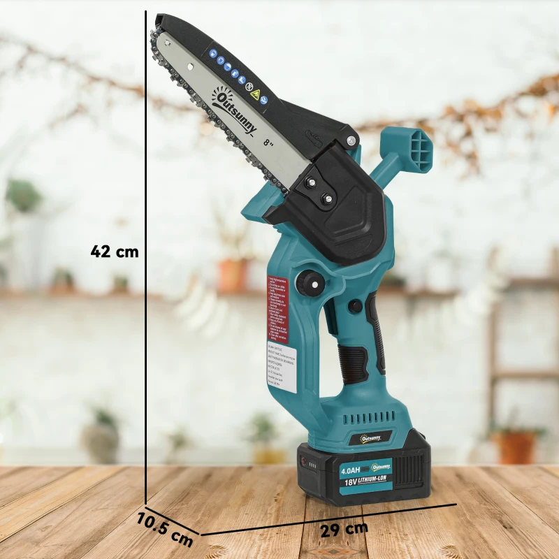 Outsunny Mini Chainsaw Cordless, 8 Inch Electric Chainsaw with 2 x 4000mAh Batteries, Brushless Motor and Safety Lock for Tree Trimming, Garden, Wood Cutting, Blue
