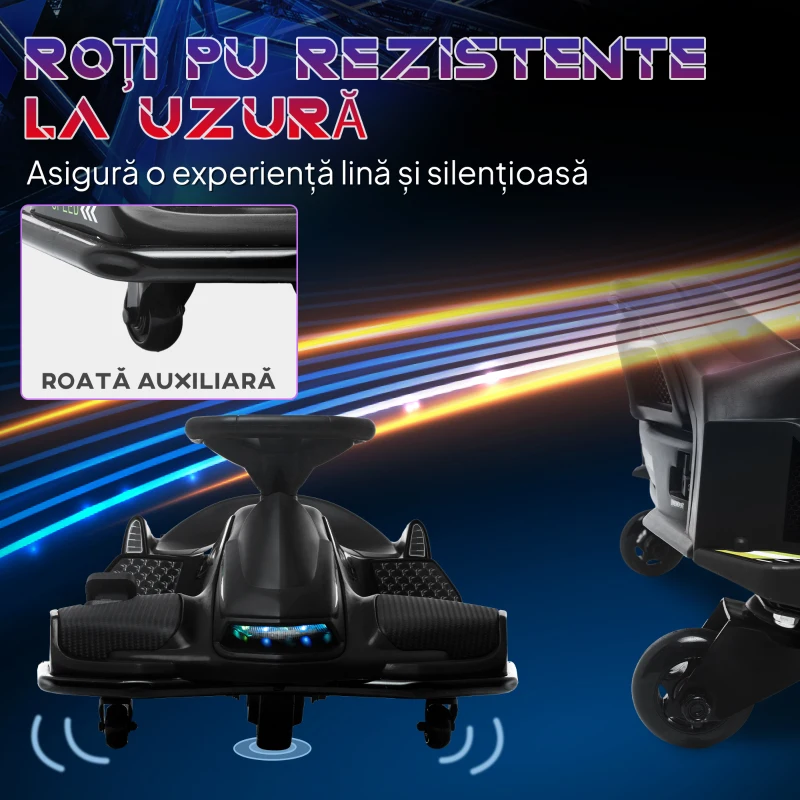 HOMCOM Go-Kart Electric pentru Copii cu Pedale, Pornire Lentă, Lumini, Muzică și Centură, 90x53x99 cm, Negru(m-6)