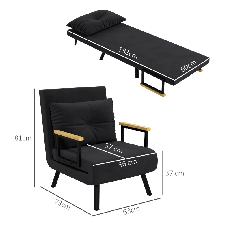 HOMCOM Poltrona Convertível em Cama Poltrona 3 em 1 Convertível em Cama com Encosto Ajustável em 5 Níveis 63x73x81 cm Preto