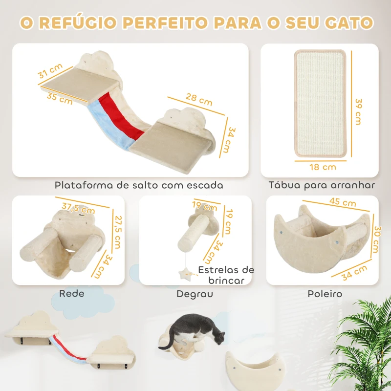 PawHut Conjunto de Prateleiras de Escalada para Gatos de 6 Peças com Rede Plataformas Escadas Tábua de Arranhar e Poste de Sisal Bege