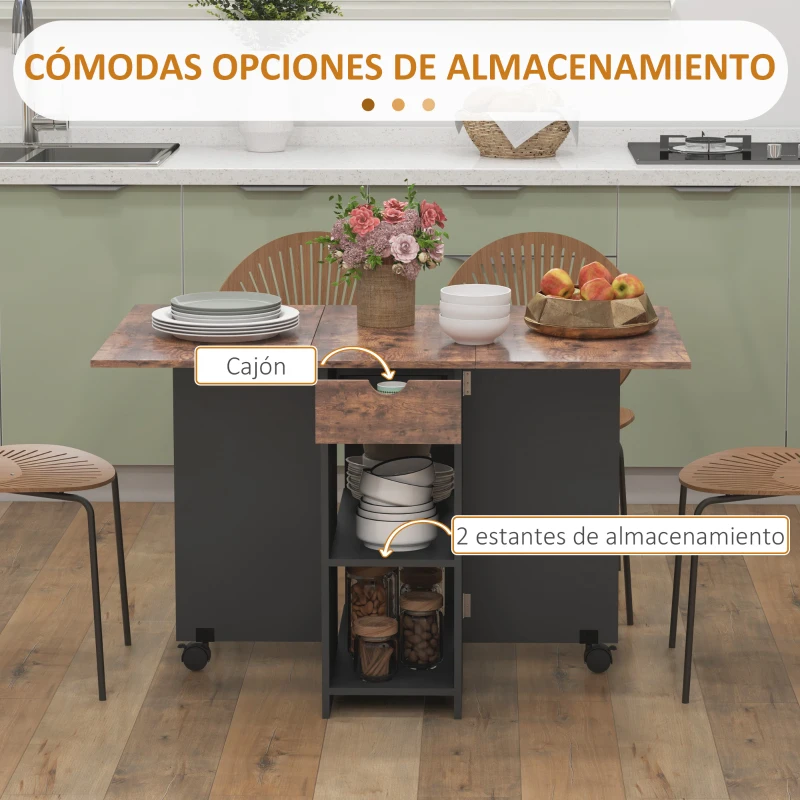 HOMCOM Mesa de Cocina Plegable con Ruedas Alas Abatibles Cajón y Estantes para 2-4 Personas 120x72x75 cm Marrón Rústico y Negro