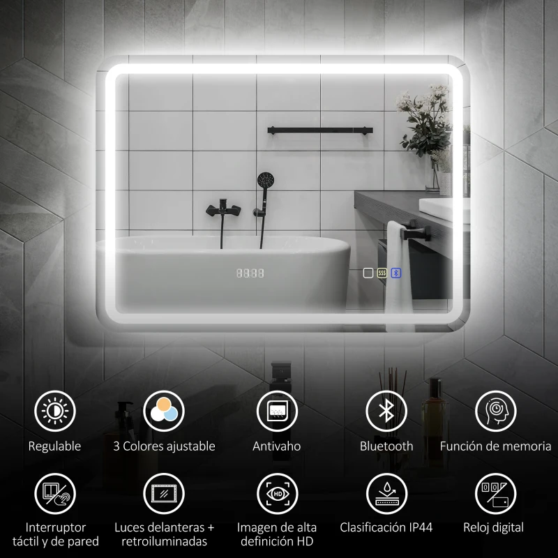 HOMCOM Espejo de Baño con Luz LED 80x60 cm con Bluetooth 3 Colores de Luz Reloj Digital Función Antivaho Función de Memoria
