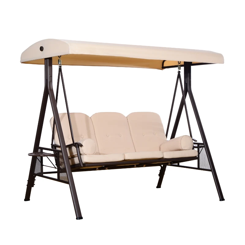 Outsunny Banco Baloiço de Jardim de 3 Lugares com Teto 2 Almofadas Suporte para Bebidas e Estrutura de Metal para Terraço Balcão Exterior Carga Máxima 360kg 207x120,5x174cm Bege