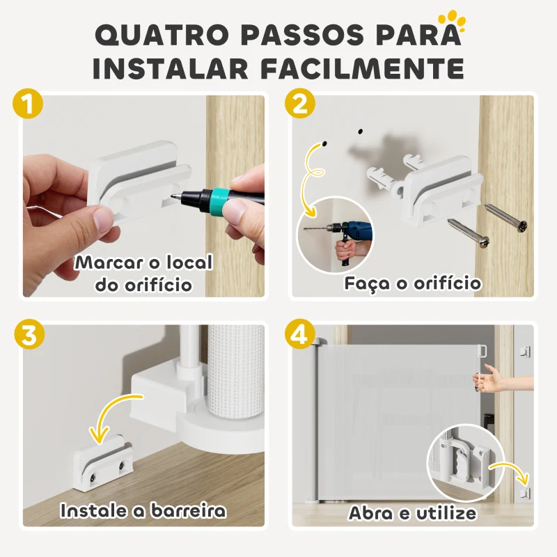 PawHut Barreira de Segurança para Cães Retrátil 0-136 cm  para Cães Pequenos com Botão de Fecho Branco