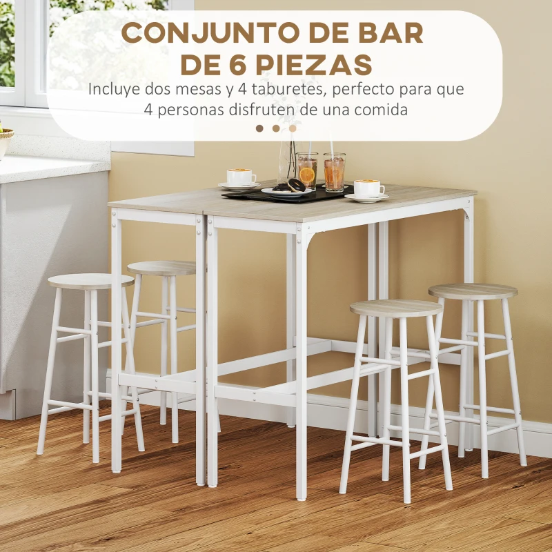 HOMCOM Conjunto de 2 Mesas Altas de Bar con 4 Taburetes Marco de Acero Estilo Industrial Natural y Blanco