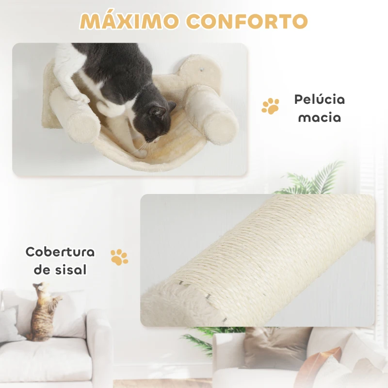PawHut Conjunto de Prateleiras de Escalada para Gatos de 6 Peças com Placa para Arranhar e Poste de Sisal Bege
