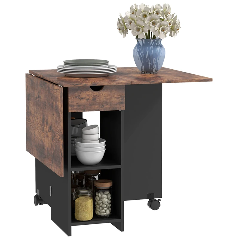 HOMCOM Mesa de Cocina Plegable con Ruedas Alas Abatibles Cajón y Estantes para 2-4 Personas 120x72x75 cm Marrón Rústico y Negro