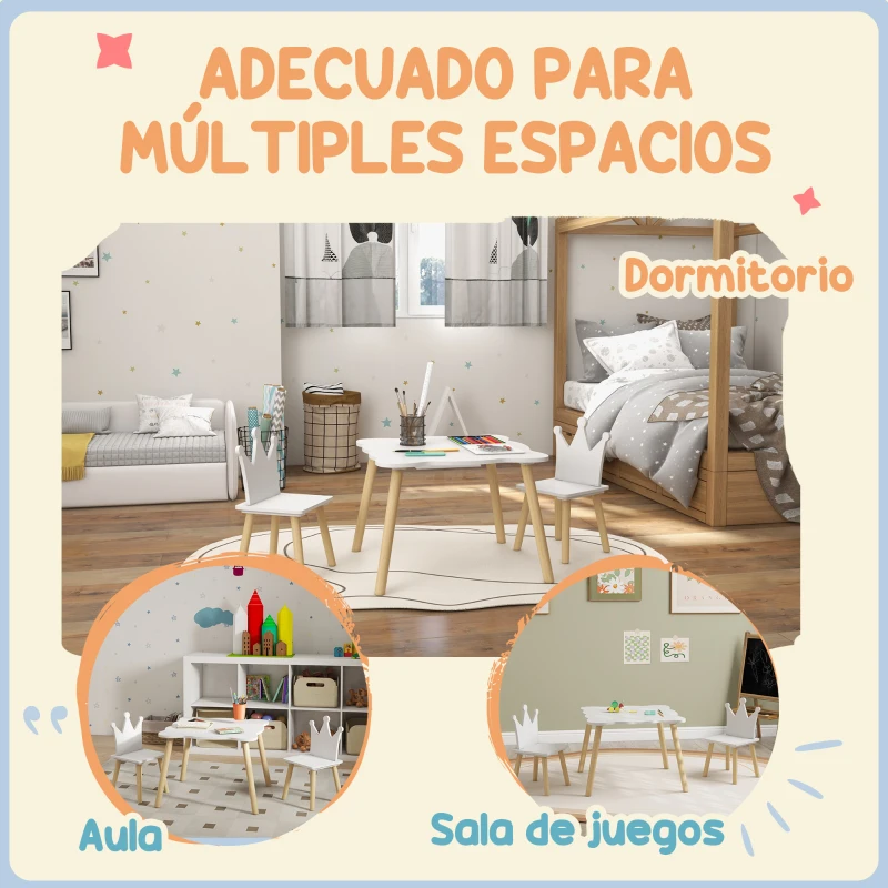 AIYAPLAY Conjunto Infantil de Mesa y 2 Sillas con Respaldo en Forma de Corona para Lectura y Dibujo 60x60x44 cm Blanco y Madera