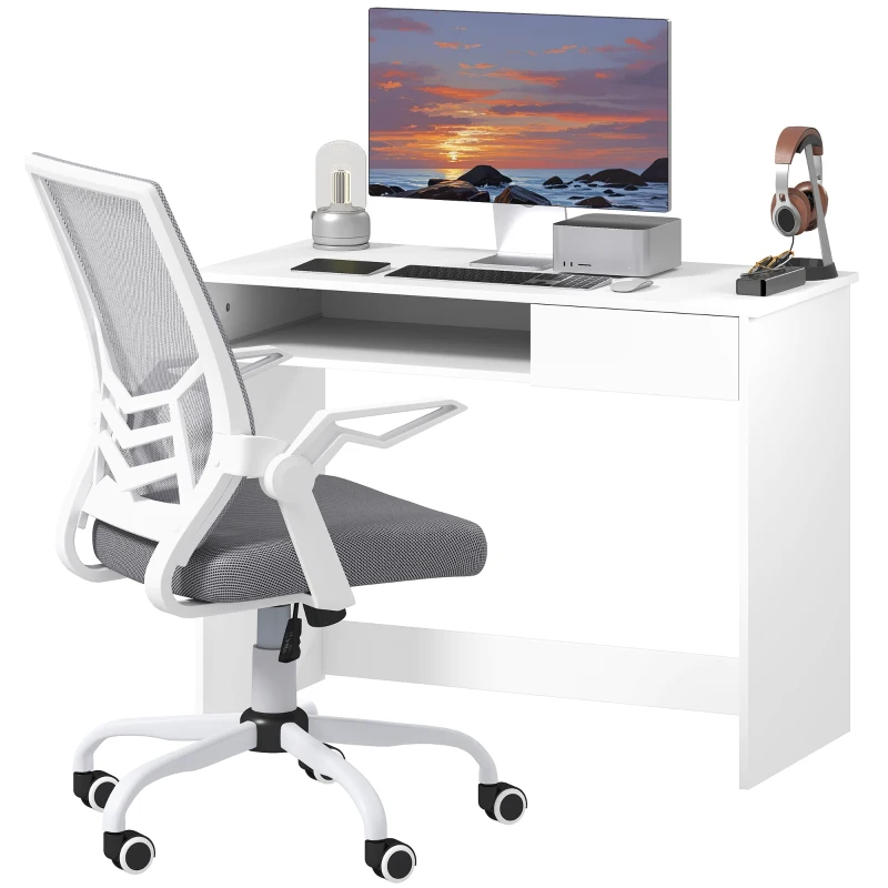 Vinsetto Home Office Chair and Computer Desk Set, Mesh Chair with with 90° Flip-up Armrest, Study Desk with Keyboard Tray and Drawer, White and Grey