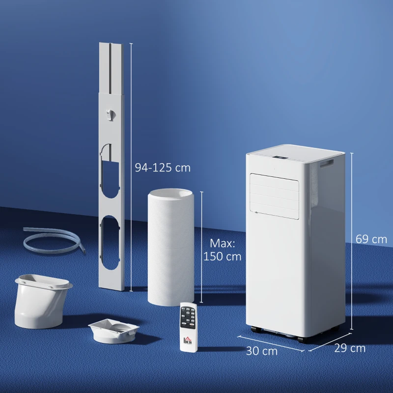 HOMCOM Aire Acondicionado Portátil 3 en 1 con Deshumidificador Ventilador y Kit de Ventana Fácil de Mover 30x29x69 cm Blanco