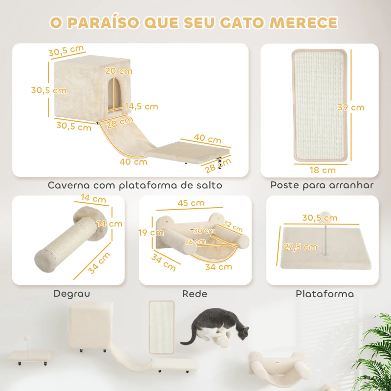 PawHut Conjunto de Prateleiras de Escalada para Gatos de 6 Peças com Placa para Arranhar e Poste de Sisal Bege