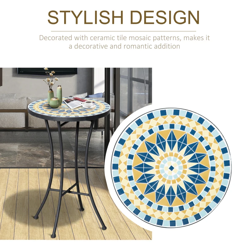 Outsunny Masuta de Gradina din Metal cu Blat din Mozaic Ceramic, Ф35.5x53.5cm, Multicolor