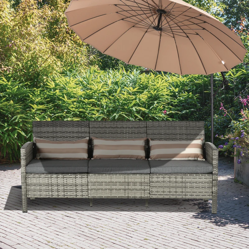 Outsunny rotan bank met kussens, driezits loungebank, staal, grijs, 173 x 68 x 78 cm Outdoor loungebank kussen driezits staalgrijs