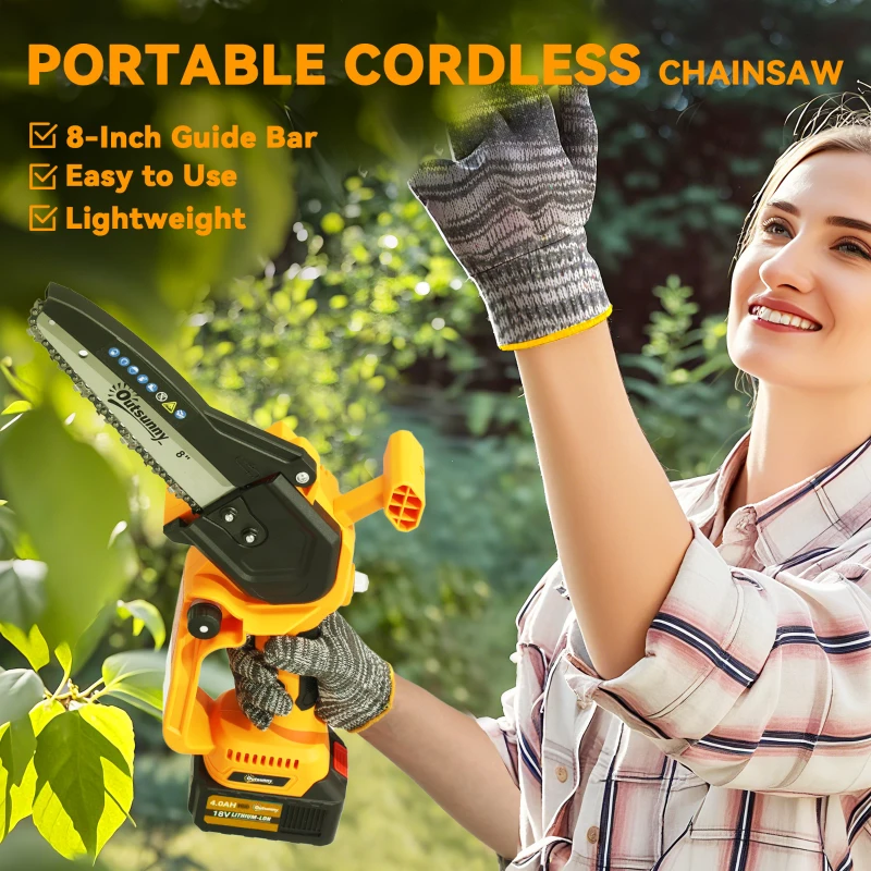Outsunny Mini Chainsaw Cordless, 8 Inch Electric Chainsaw with 2 x 4000mAh Batteries, Brushless Motor and Safety Lock for Tree Trimming, Garden, Wood Cutting, Orange