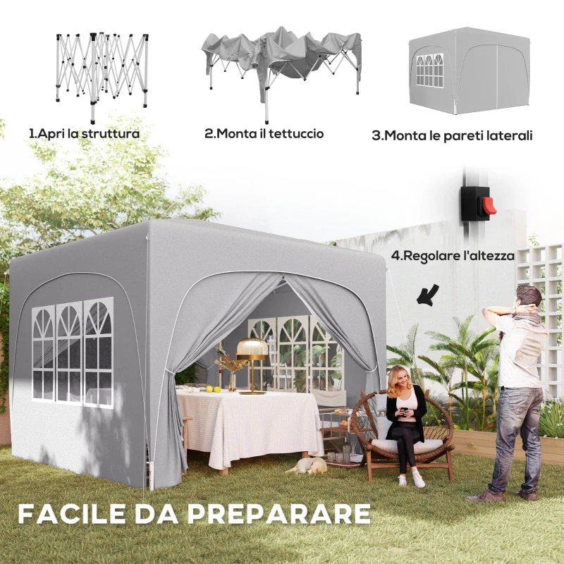 Outsunny Gazebo da Giardino 3x3m Pieghevole con Altezza Regolabile, Protezione UPF50+ e Borsa, Grigio Chiaro