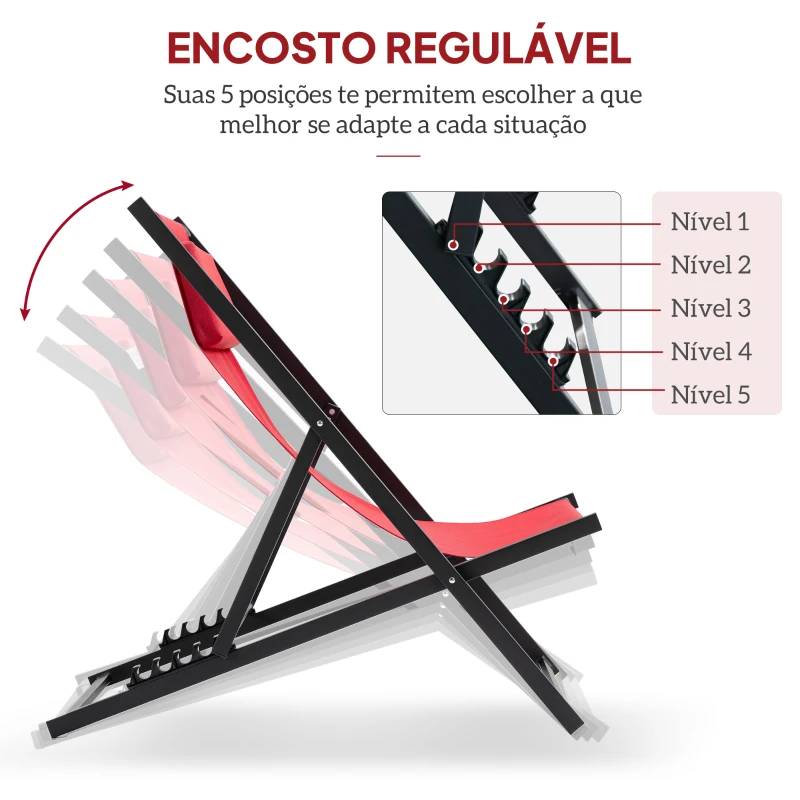 Outsunny Conjunto de 2 Espreguiçadeiras Dobráveis com Encosto Reclinável em 5 Posições e Apoio para a Cabeça Acolchoado 96,5x58x91,5cm Vinho