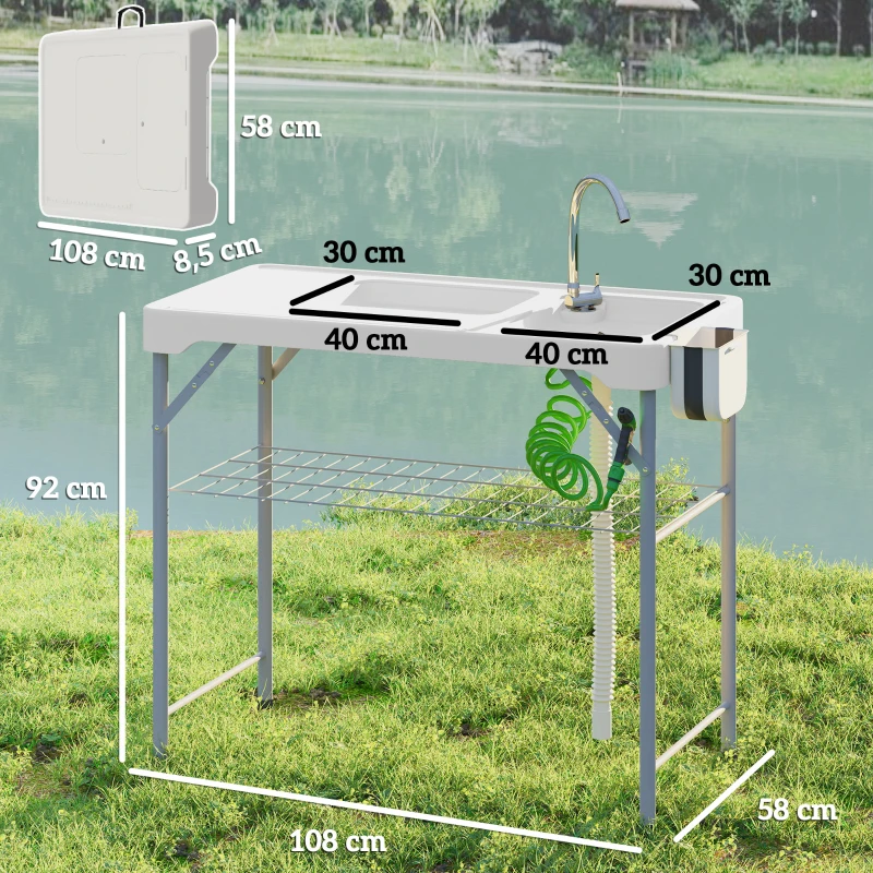 Outsunny Mesa Plegable para Camping con 2 Fregaderos Manguera de Drenaje Estación de Limpieza y Grifo Blanco