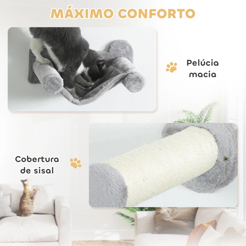 PawHut Conjunto de Prateleiras de Escalada para Gatos de 6 Peças com Placa para Arranhar e Poste de Sisal Cinzento