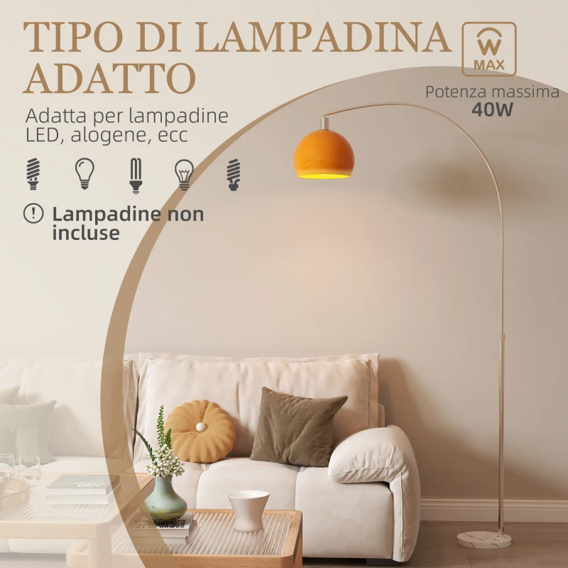HOMCOM Lampada da Terra ad Arco con Interruttore a Pedale, in Marmo, Metallo e Plastica, 26x90x180 cm, Bianco e Arancione
