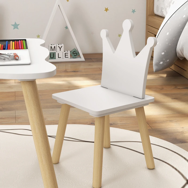 AIYAPLAY Mesa Infantil com 2 Cadeiras com Encosto em Forma de Coroa para Crianças de 3-6 Anos para Sala de Jogos Dormitório Branco