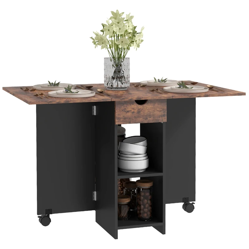 HOMCOM Mesa de Cocina Plegable con Ruedas Alas Abatibles Cajón y Estantes para 2-4 Personas 120x72x75 cm Marrón Rústico y Negro