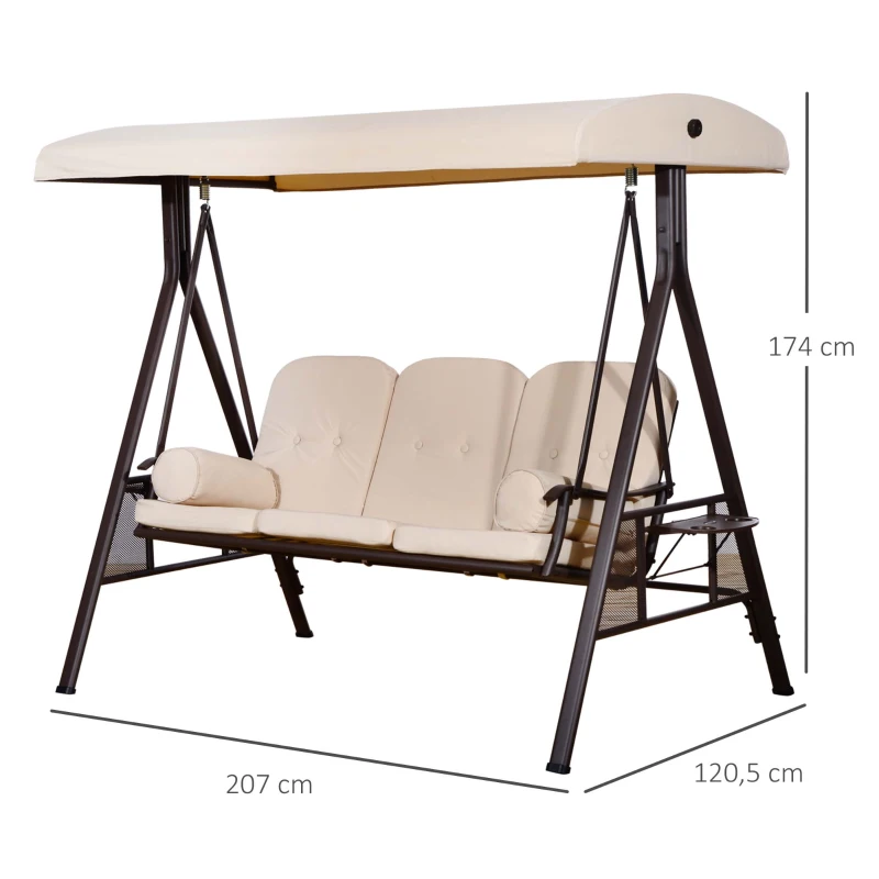 Outsunny Banco Baloiço de Jardim de 3 Lugares com Teto 2 Almofadas Suporte para Bebidas e Estrutura de Metal para Terraço Balcão Exterior Carga Máxima 360kg 207x120,5x174cm Bege