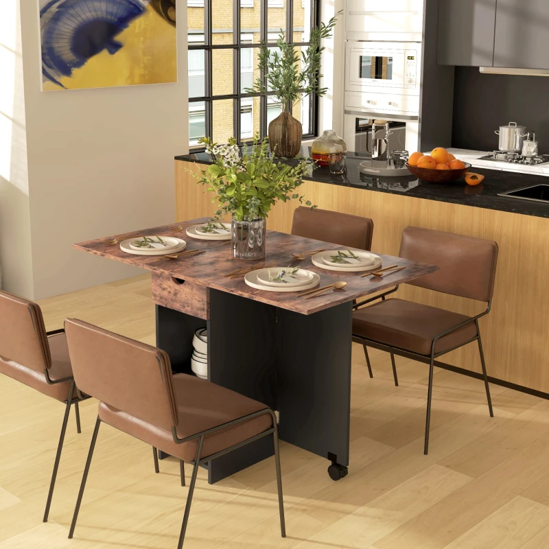 HOMCOM Mesa de Cocina Plegable con Ruedas Alas Abatibles Cajón y Estantes para 2-4 Personas 120x72x75 cm Marrón Rústico y Negro