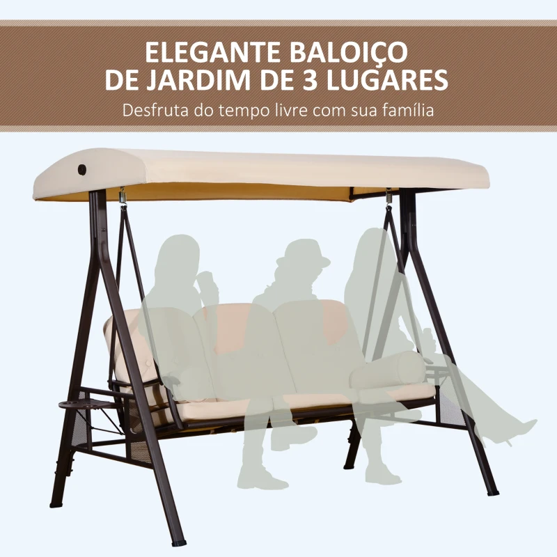 Outsunny Banco Baloiço de Jardim de 3 Lugares com Teto 2 Almofadas Suporte para Bebidas e Estrutura de Metal para Terraço Balcão Exterior Carga Máxima 360kg 207x120,5x174cm Bege
