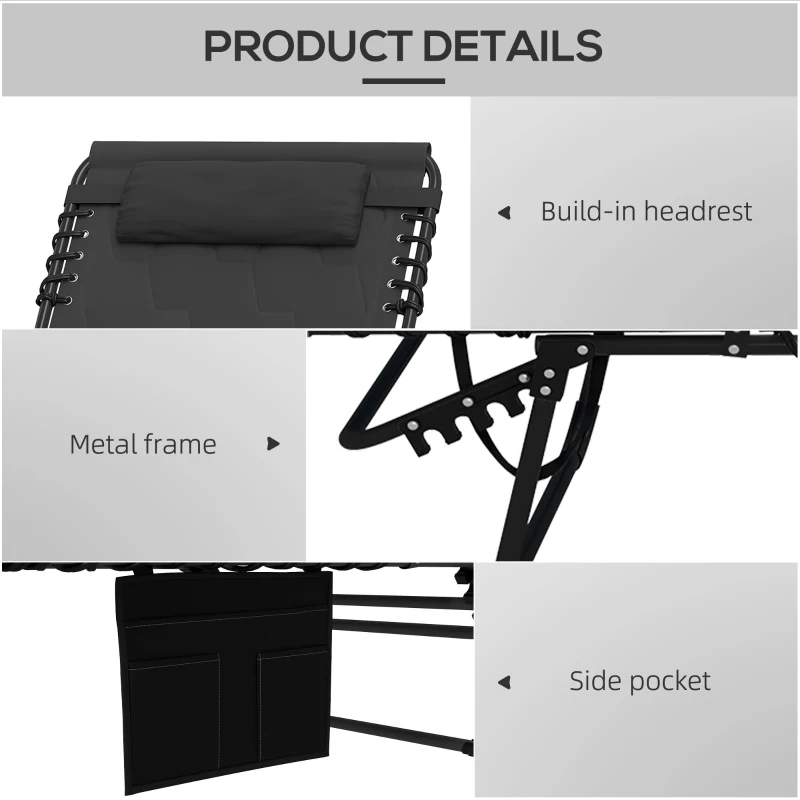 Outsunny Set of Two Sun Loungers, with Five-Position Reclining Backs - Black