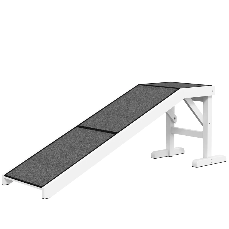 PawHut Rampa para Mascotas de Madera con Alfombra Antideslizante para Perros Pequeños o Mayores 152x40x50 cm Blanco y Gris