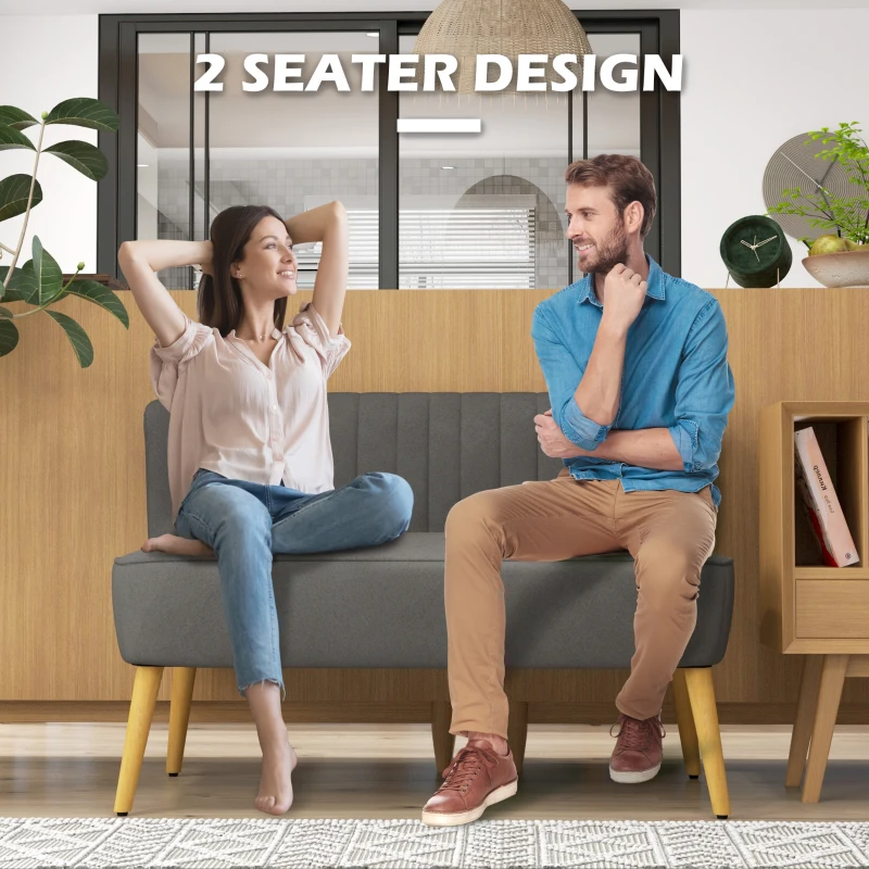 HOMCOM Sofa Retrodesign 2-zitsbank, houten poten, 117 cm x 56,5 cm x 77 cm, Donkergrijs(m-7)