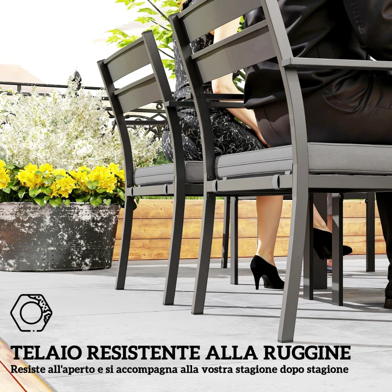 Outsunny Set da Giardino con Tavolo Allungabile e 6 Sedie Impilabili con Cuscini, Grigio