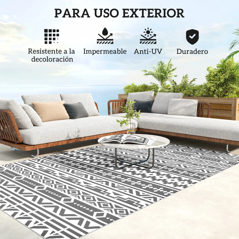 Outsunny Alfombra de Exterior Reversible 182x274 cm con Patrón Geométrico de Cenefa Impermeable con Bolsa Gris y Blanco