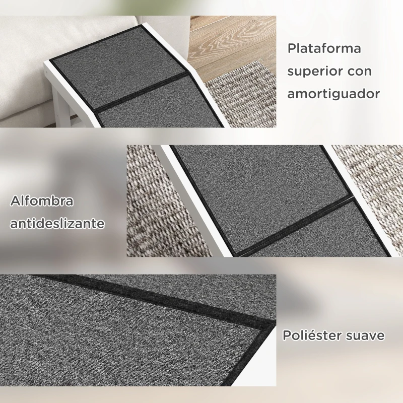 PawHut Rampa para Mascotas de Madera con Alfombra Antideslizante para Perros Pequeños o Mayores 152x40x50 cm Blanco y Gris