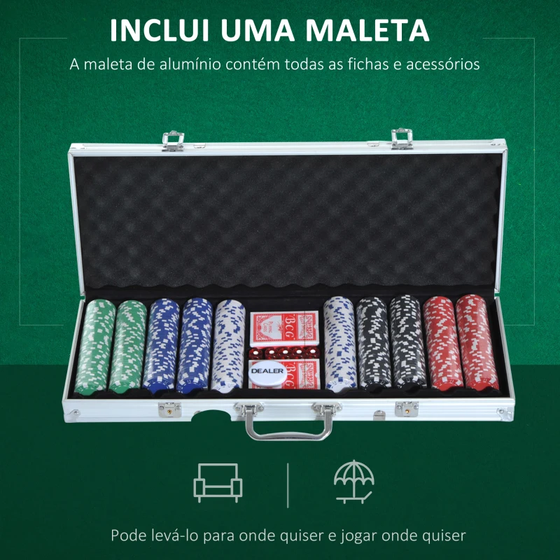 HOMCOM Mala de Poker Profissional com 500 Fichas Jogo de Poker com Mala de Alumínio 5 Dados 2 Baralhos de Cartas e 1 Ficha de Dealer 55,5x22x6,5cm Multicor