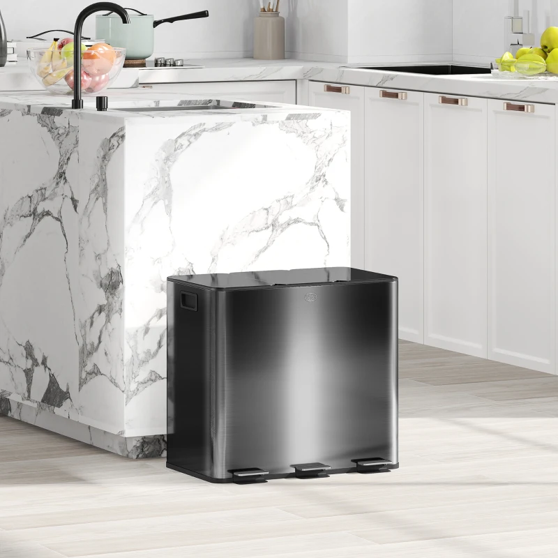 HOMCOM Poubelle de cuisine 45L avec 3 compartiments de 15L, couvercle, seaux intérieurs amovibles, 3 x 15L, noir