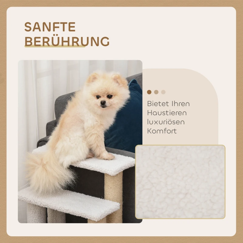 PawHut Katzentreppe 4-stufige Haustiertreppe mit Kratzsäulen Ball Hundetreppe Tiertreppe für Katzen bis 5 kg Plüsch Jute Weiß 60 x 40 x 64 cm