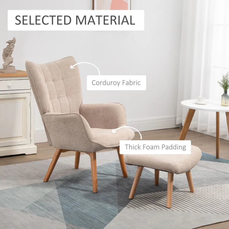HOMCOM Fotel akcentowy w stylu skandynawskim z otomaną, zestaw foteli, drewno bukowe, w wyglądzie sztruksu, Beżowy