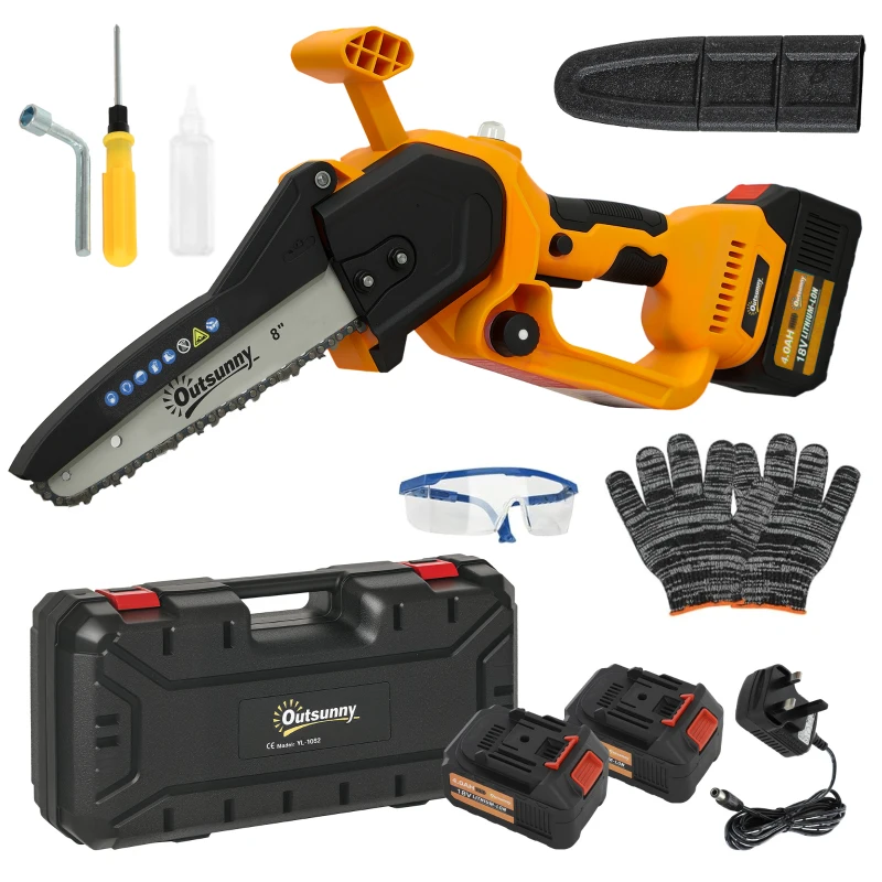 Outsunny Mini Chainsaw Cordless, 8 Inch Electric Chainsaw with 2 x 4000mAh Batteries, Brushless Motor and Safety Lock for Tree Trimming, Garden, Wood Cutting, Orange