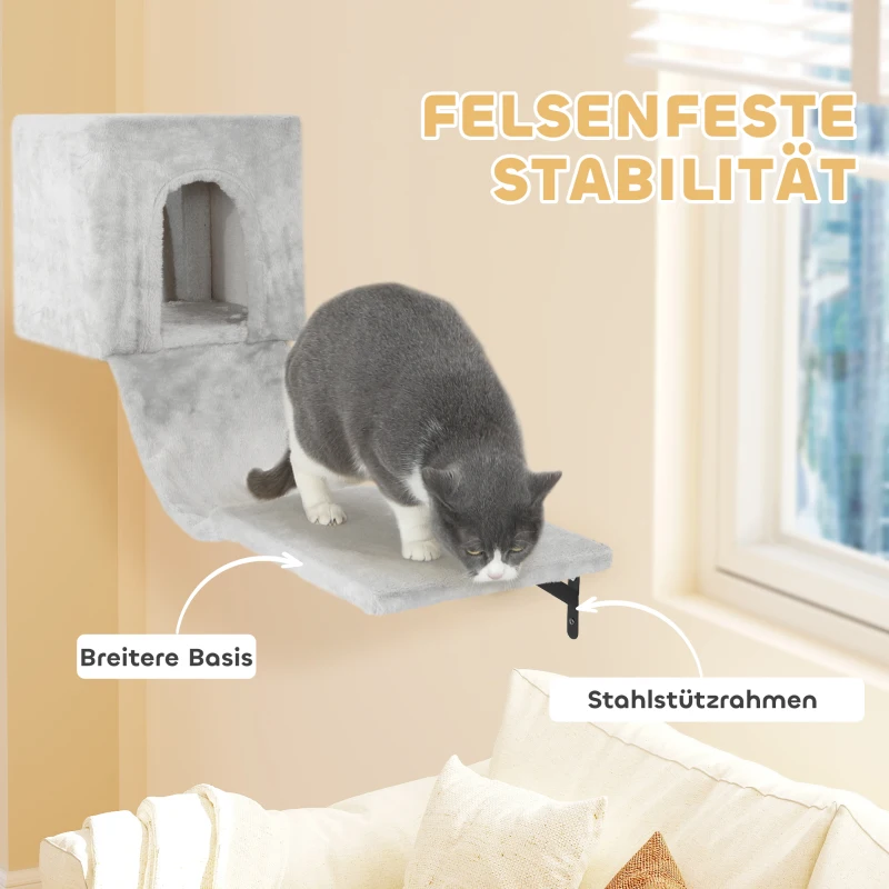PawHut Kletterwand Katzen 6-teilig Katzen Kletterwand Set mit Katzenhaus, Hängematte, Plattform Kratzbrett Grau