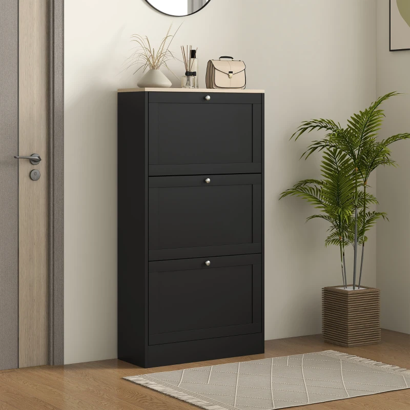 HOMCOM Mueble Zapatero Moderno con 3 Cajones Abatibles y Estantes Ajustables para 18 Pares de Zapatos 60x23,5x115 cm Negro