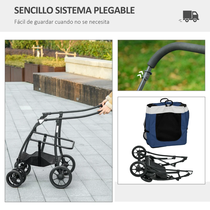 PawHut Cochecito para Perros Plegable con Vagón Desmontable 4 Puertas con Cremallera 2 Correas de Seguridad y Cojín Azul