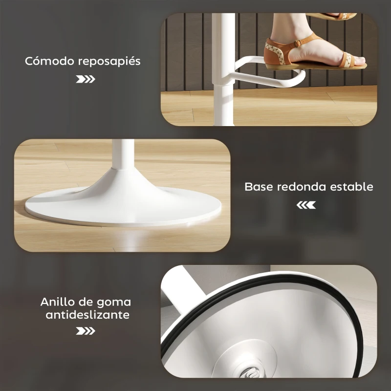 HOMCOM Conjunto 2 Taburetes Altos Ajustables 360° con Respaldo y Reposapiés para Cocina Bar o Comedor 40,5x44x84-104 cm Blanco
