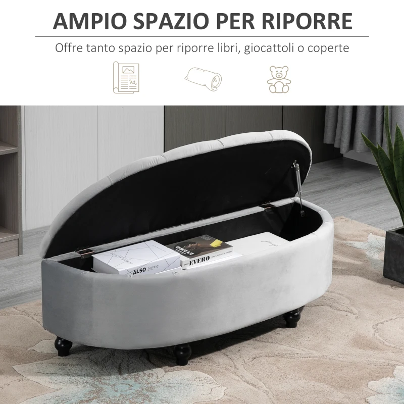 HOMCOM Panca Contenitore Fondoletto Imbottita a Semicerchio, Velluto e Legno, 120x46x42 cm, Grigio Chiaro