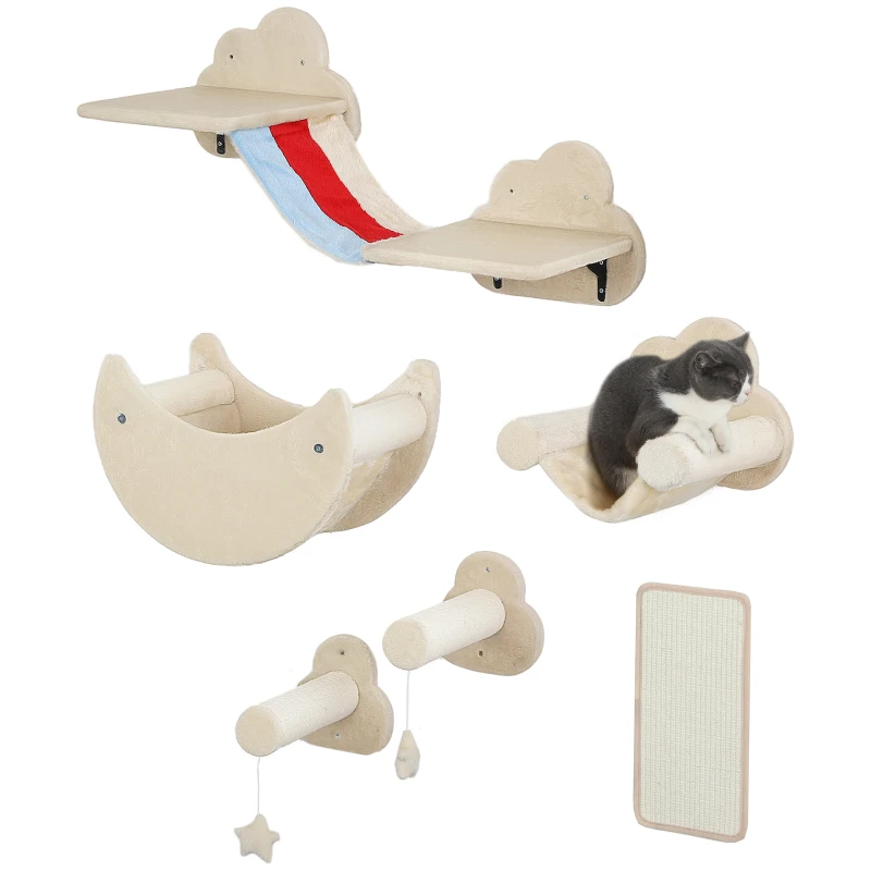 PawHut Conjunto de Prateleiras de Escalada para Gatos de 6 Peças com Rede Plataformas Escadas Tábua de Arranhar e Poste de Sisal Bege